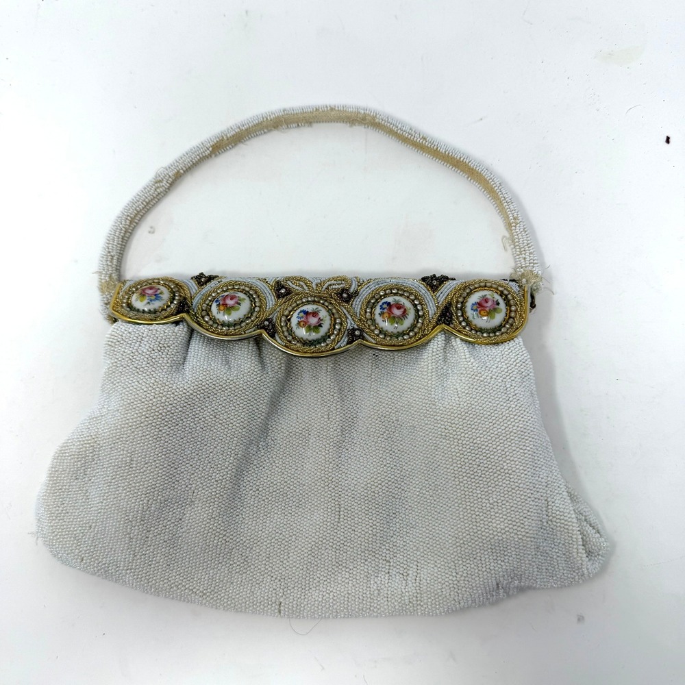 Eugene Elias Vintage White Seed Bead Handbag Floral Gold Scalloped Frame READ